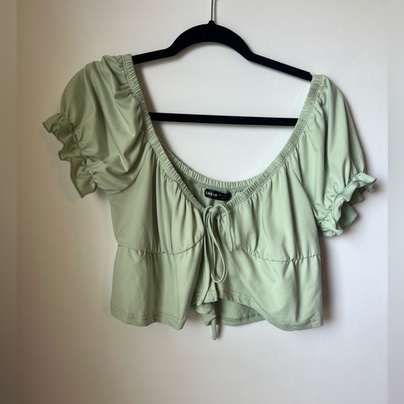 SHEIN Light Green Tie Cropped Top Blouse Short Sleeve Large - Picture 2 of 6